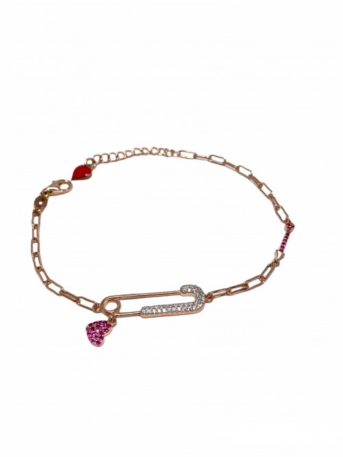 Bracciale Argento Placcato Oro Rosa Con Spilla Centrale e Cuore Pendente Cuori Milano 24888905